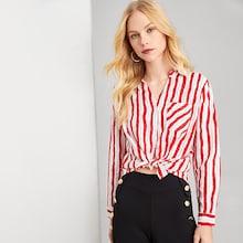 Shein Button & Pocket Front Collar Neck Striped Top