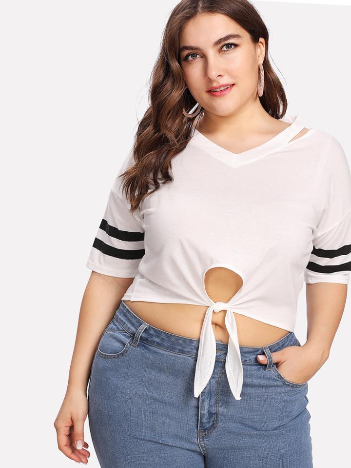 Shein Stripe Contrast Sleeve Knot Hem Crop Tee