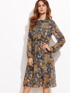 Shein Ornate Print Elastic Waist Chiffon Shirt Dress