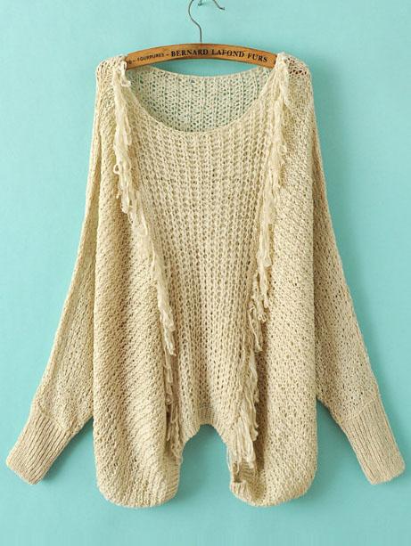 Shein Khaki Hollow Out Fringe Detail Batwing Sleeve Sweater