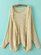 Shein Khaki Hollow Out Fringe Detail Batwing Sleeve Sweater