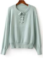 Shein Green Ribbed Trim Eyelet Lace Up Knitwear