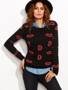Shein Black Ribbed Trim Pullover Lip Sweater