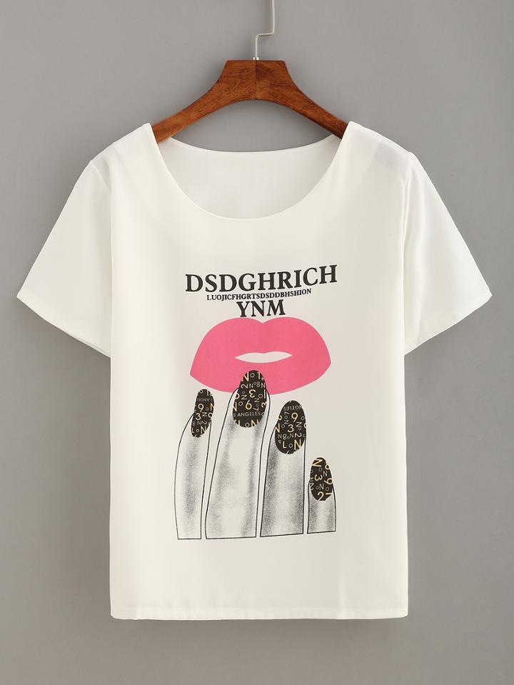 Shein Fingers & Lip Print Chiffon Top