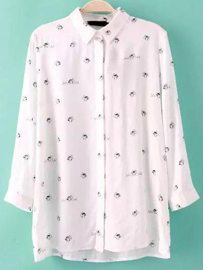Shein White Long Sleeve Cartoon Print Blouse