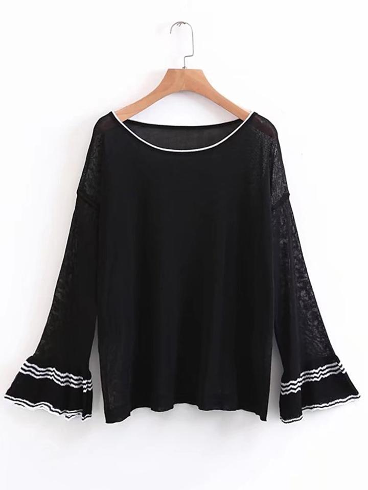 Shein Drop Shoulder Bell Cuff Striped Trim Knitwear