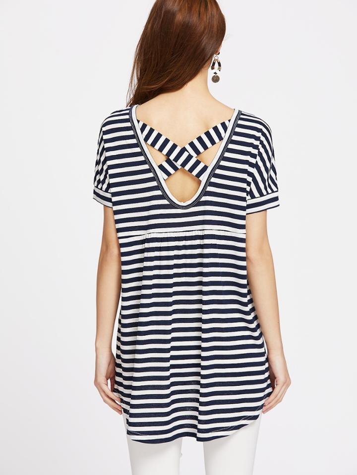 Shein Crisscross V Back High Low Striped Tee