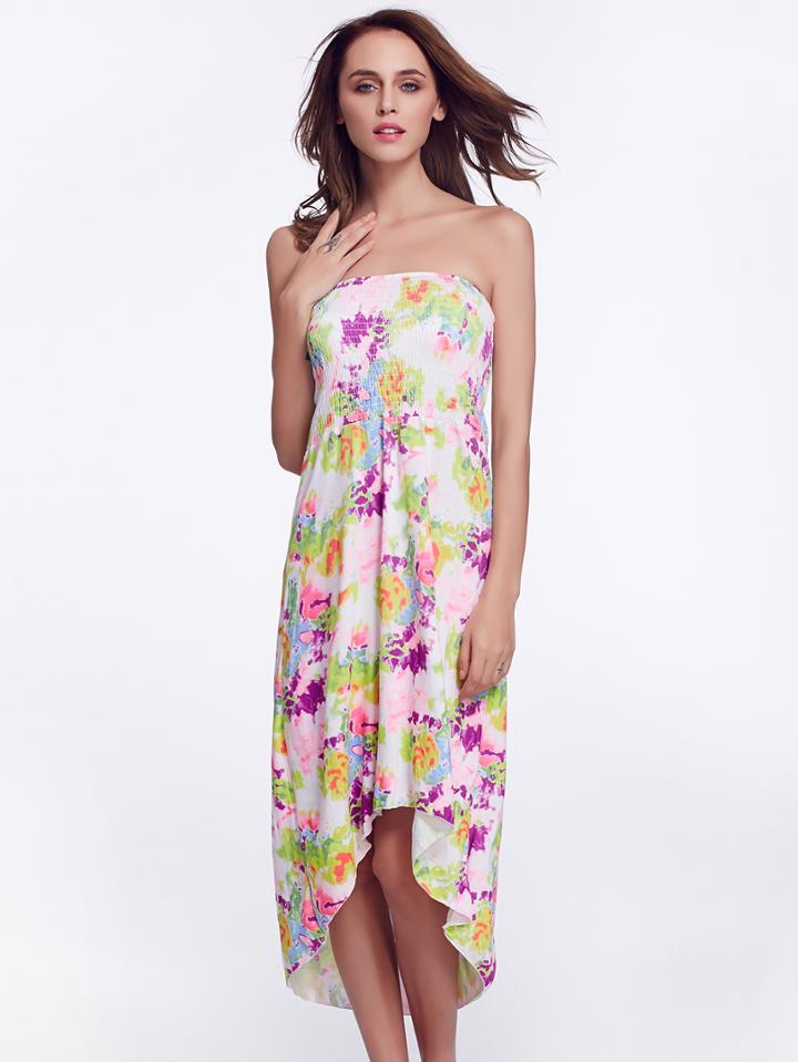 Shein Flower Print Dip Hem Shirred Strapless Dress