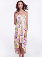 Shein Flower Print Dip Hem Shirred Strapless Dress