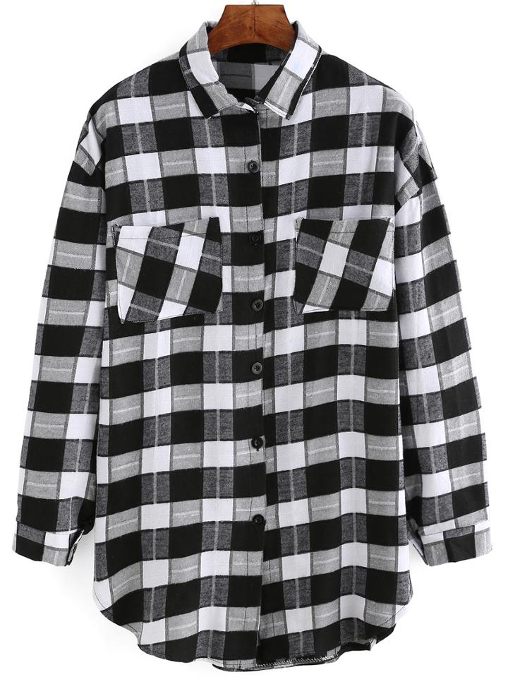 Shein Black White Long Sleeve Plaid Pockets Blouse