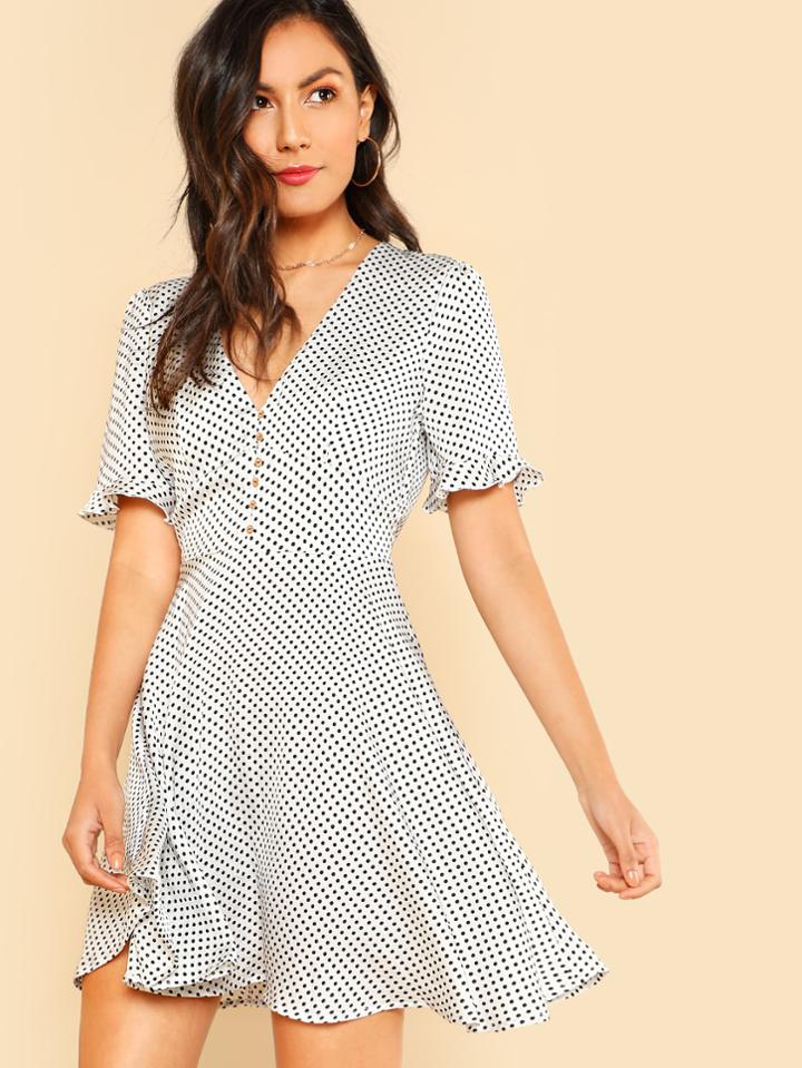 Shein Ruffle Sleeve Polka Dot Plunging Dress