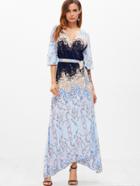 Shein Blossom Print Elbow Flute Sleeve Belt Surplice Asymmetry  Dress