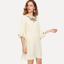 Shein Flounce Sleeve Embroidery Smock Dress