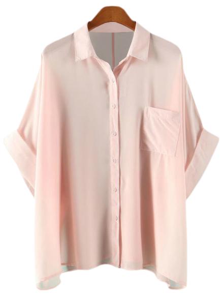 Shein Pink Buttons Front Pocket Batwing Sleeve Chiffon Blouse