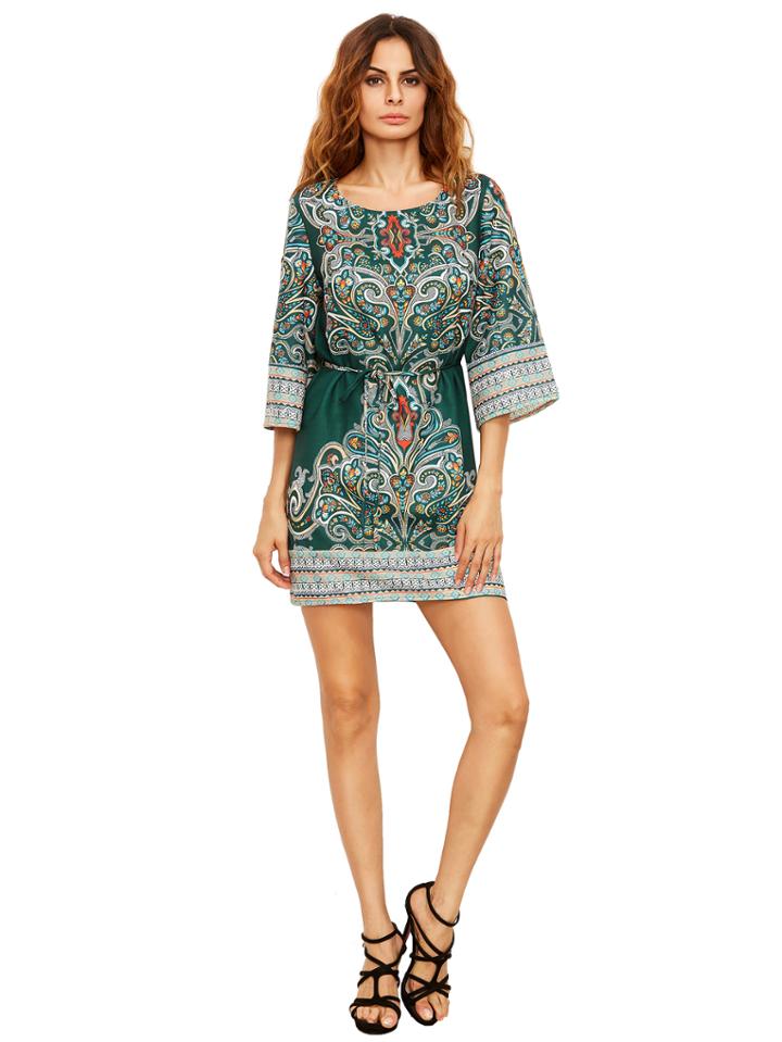 Shein Green Tribal Print Self Tie Dress