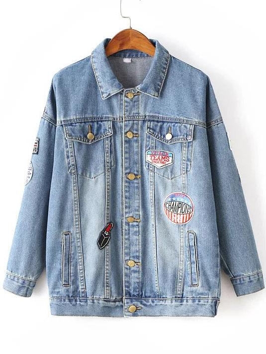 Shein Blue Single Breasted Patch Wash Denim Jacket