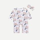 Shein Toddler Girls Floral Print Jumpsuit With Headband