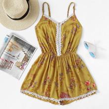 Shein Contrast Crochet Lace Floral Print Cami Jumpsuit