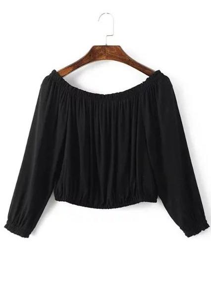 Shein Black Off The Shoulder Elastic Cuff Crop Blouse