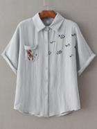 Shein Grey Embroidery Roll-up Cuff Button Blouse