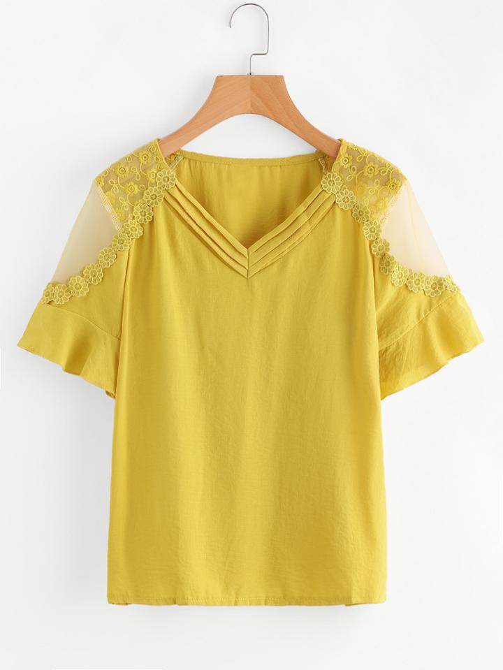Shein Crochet Appliques Embroidery Mesh Insert Blouse