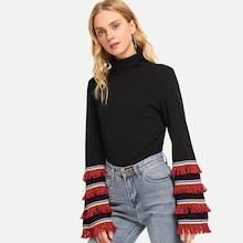 Shein Fringe Detail Mock Neck Tee