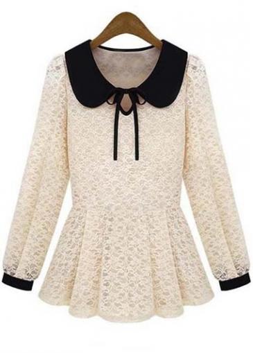 Rosewe Fine Quality Peter Pan Collar Long Sleeve T Shirts Beige