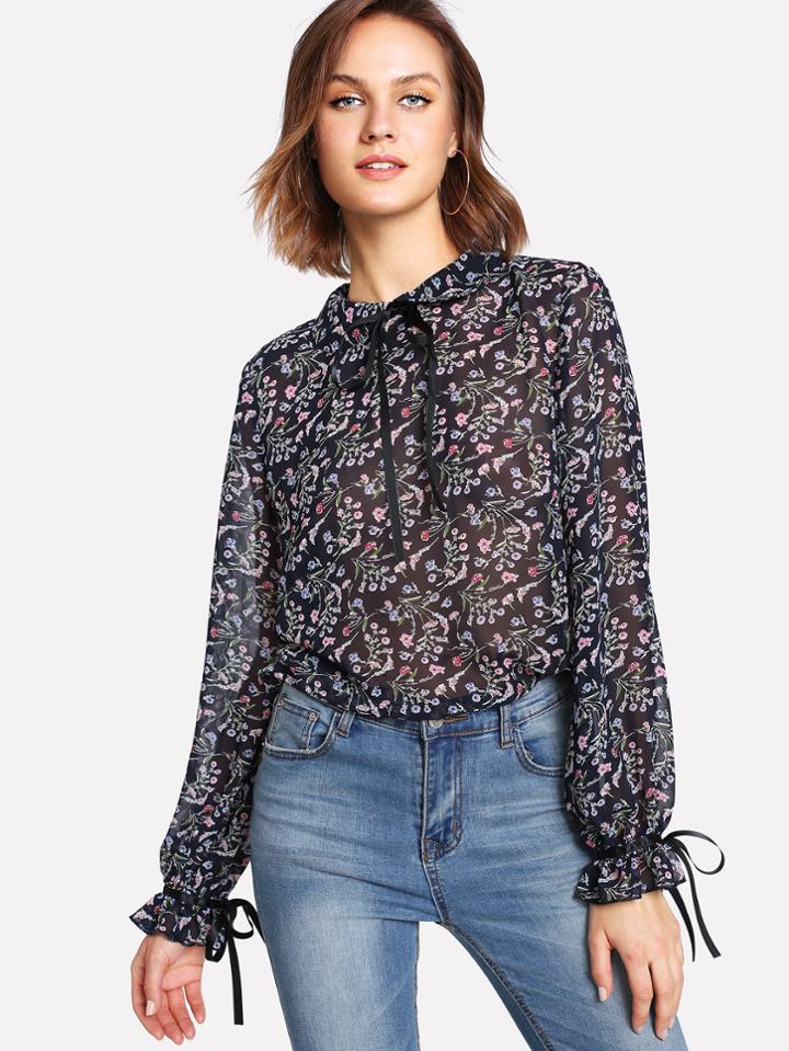 Shein Tie Neck And Cuff Flower Print Semi Sheer Blouse