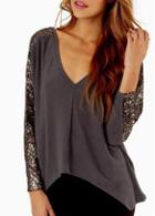 Rosewe Causal Sequins Decorated V Neck Long Sleeve T Shirt