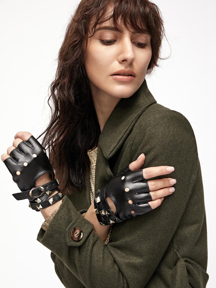 Shein Black Open-toe Buckled Strap Stud Pu Gloves