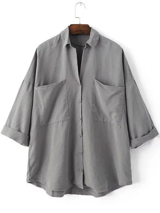 Shein Grey Lapel Buttons Front Pockets Blouse