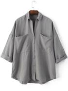 Shein Grey Lapel Buttons Front Pockets Blouse