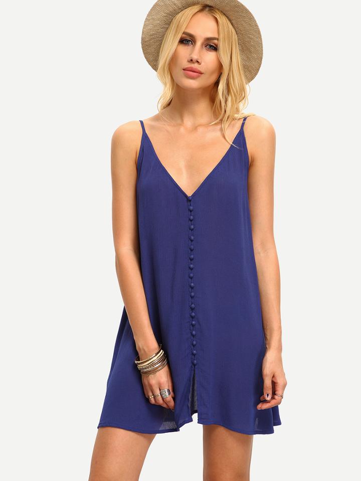 Shein Blue Spagettic Strap V Neck Bottons Shift Dress