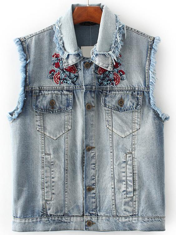 Shein Blue Flower Embroidery Frayed Detail Denim Vest