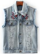 Shein Blue Flower Embroidery Frayed Detail Denim Vest