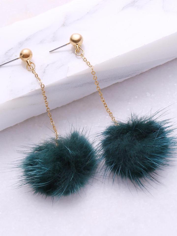 Shein Dark Green Pom Pom Drop Earrings