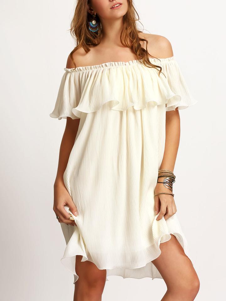 Shein Beige Off The Shoulder Pleated Chiffon Dress