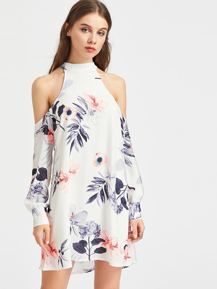 Shein Floral Print Open Shoulder Self Tie Back Dress