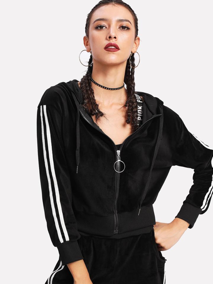 Shein O Ring Zipper Stripe Contrast Sleeve Jacket