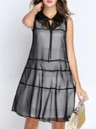 Shein Black Tie Neck Contrast Pu Organza Dress