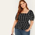 Shein Plus Button Derail Grid Peplum Blouse