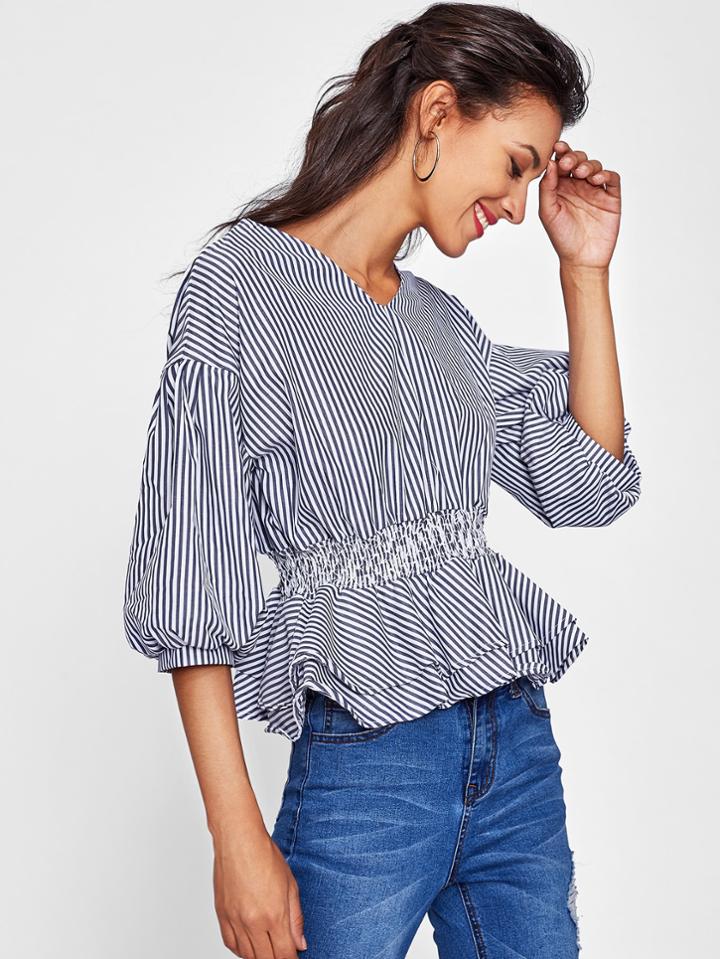 Shein Drop Shoulder Lantern Sleeve Tiered Frill Hem Blouse