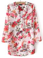 Shein Red V Neck Floral Pocket Loose Blouse