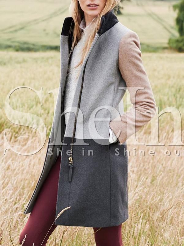Shein Grey Long Sleeve Pockets Color Block Coat