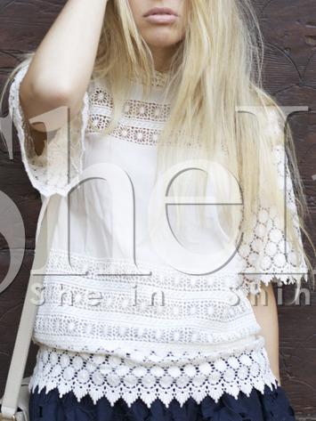 Shein Beige Mock Neck Lace Eyelet Blouse