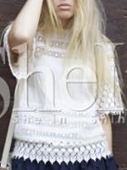 Shein Beige Mock Neck Lace Eyelet Blouse
