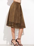 Shein Brown Faux Suede Laser Cutout Midi Skirt