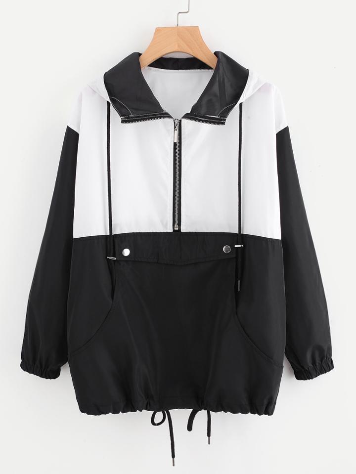 Shein Color Block Zipper Front Drawstring Hem Jacket