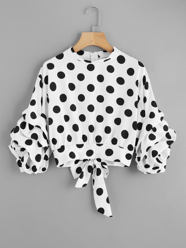 Shein Ruched Sleeve Tie Back Spot Blouse
