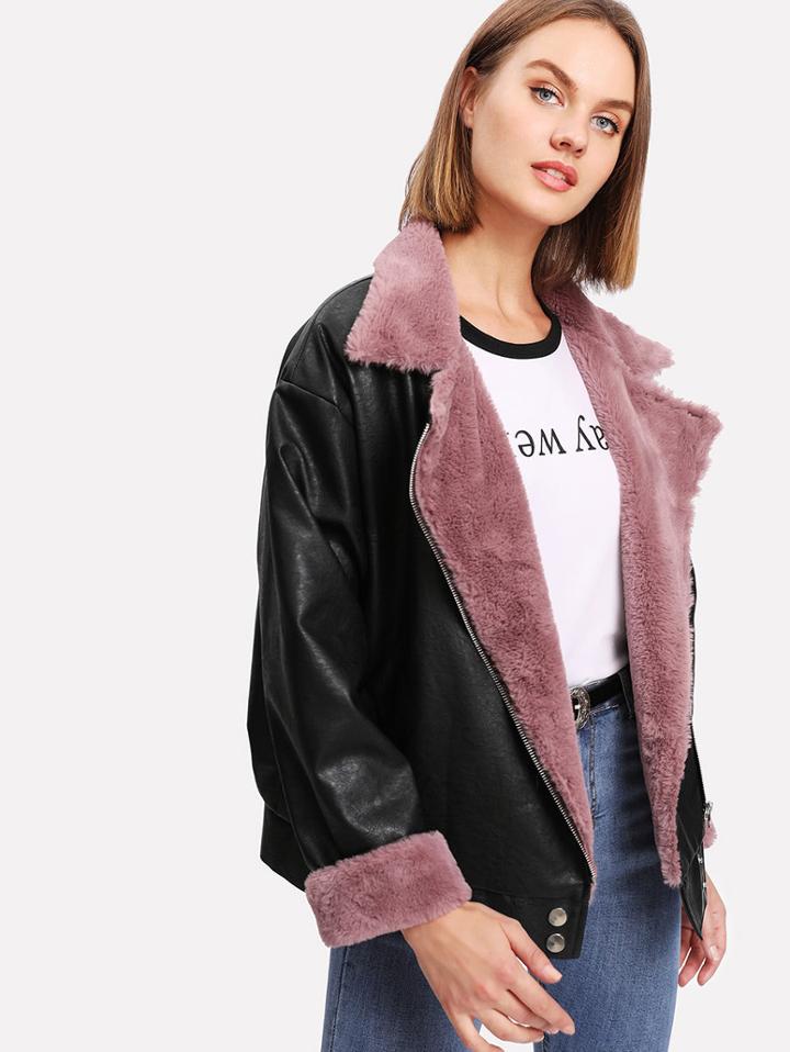 Shein Contrast Faux Fur Biker Jacket